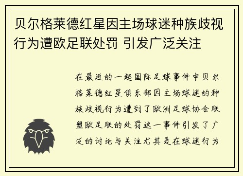 贝尔格莱德红星因主场球迷种族歧视行为遭欧足联处罚 引发广泛关注